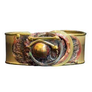 South African Hand-crafted Brass Cuff Bracelet Abstract Red Gold Metal Accents